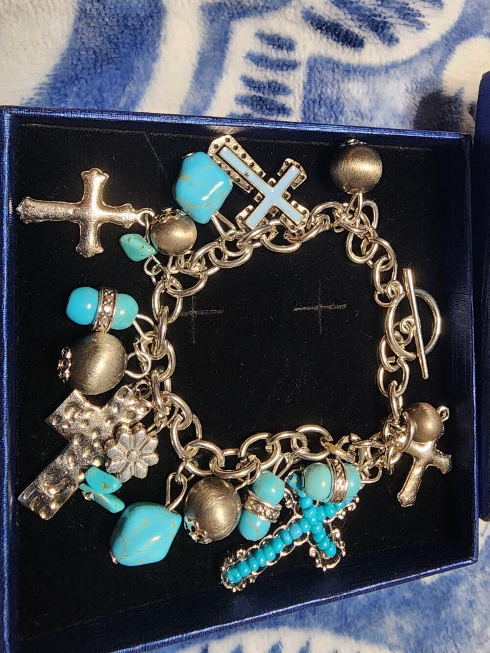 NWT Western Turquoise Cross Charm Toggle Bracelet Silver Tone Boho
